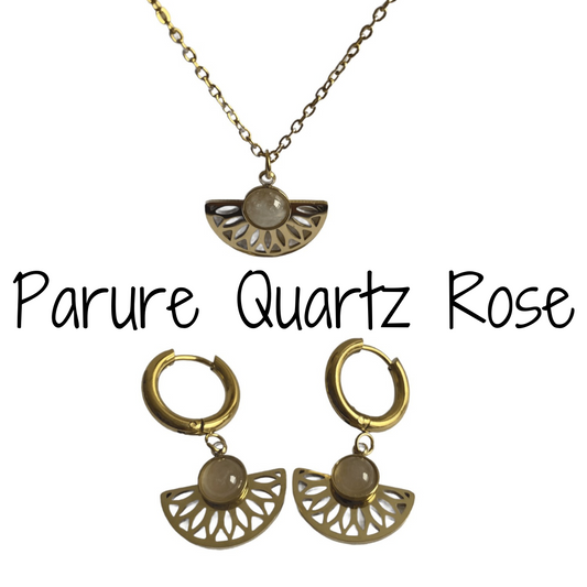 Parure Aztèque Quartz Rose : collier et boucles d'oreilles
