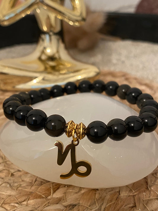 Bracelet Obsidienne dorée: symbole astrologique capricorne